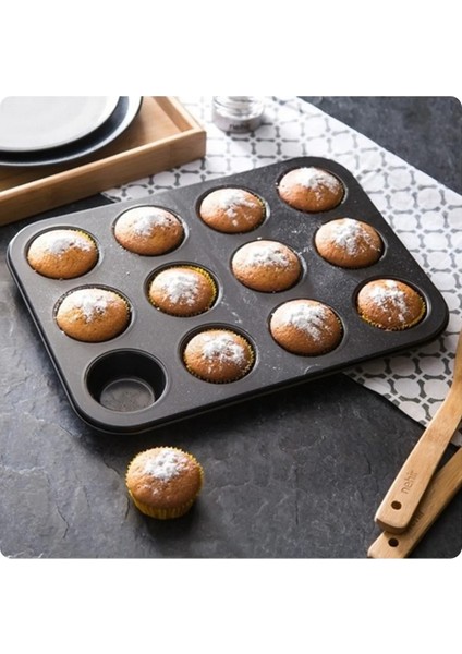 Teflon 12'li Cupcake-Mini Cheesecake ve Muffin Için Yanmaz Tepsi - Kek, Kurabiye, Turta ve Çörek Ka