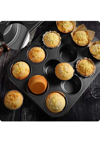 Teflon 12'li Cupcake-Mini Cheesecake ve Muffin Için Yanmaz Tepsi - Kek, Kurabiye, Turta ve Çörek Ka