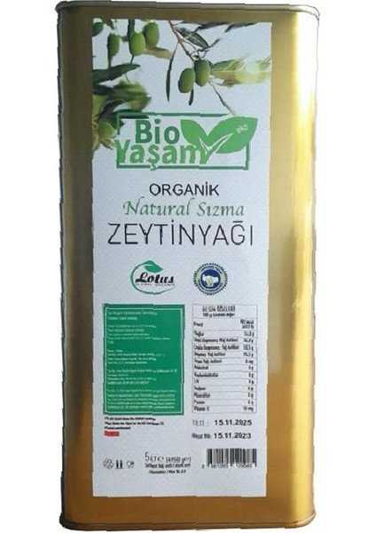 Bio Yaşam Organik Soğuk Sıkım Zeytinyağı 5 Lt