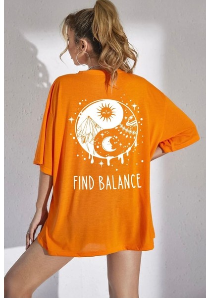 Büyük Beden Özel Tasarım Find Balance Sırt Baskılı %100 Pamuk Oversize Battal Kadın T-Shırt