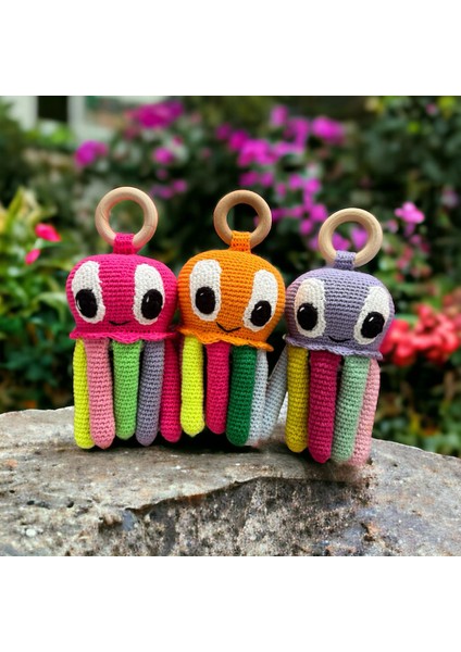 Paris Organik Oyuncak Turuncu Amigurumi Ahtapot Çıngırak ve Diş Kaşıma