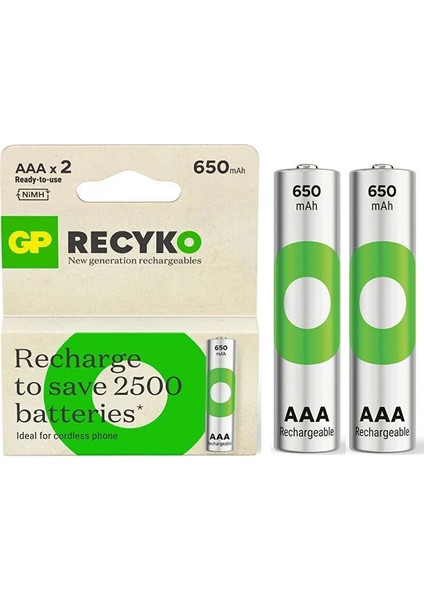 Gp Recyko 650 Mah R03 Aaa Şarjlı 2li Ince Kalem Pil GP65AAAHCER21-2TLB2 (GPRHCH63E041