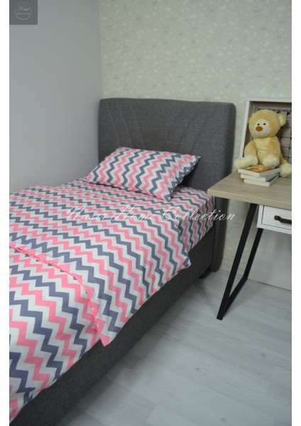 Nasır Home Tek Kişilik Pembe Zikzak Nevresim Takımı (Lastikli Çarşaf 100X200X25 Cm, Nevresim Gizli Fermuar)