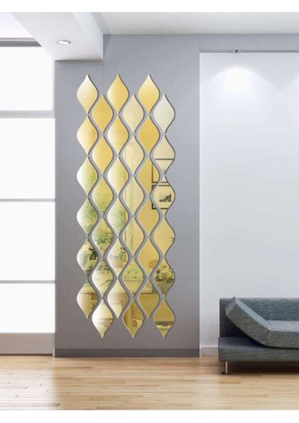 Dekoratif Su Damlası Altın Renk (6X10CM) 12'li Paket Dekorasyon Duvar Süsü Pleksi Ayna