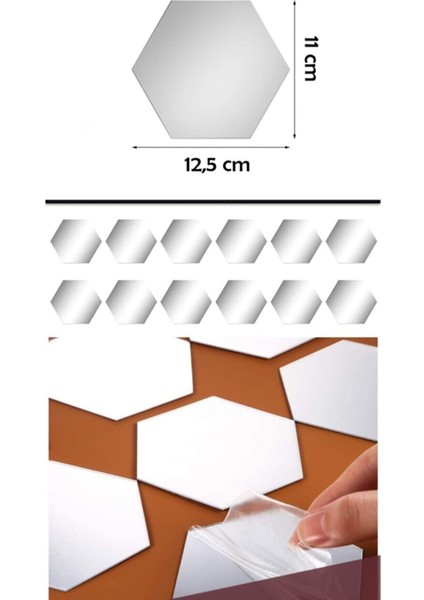 Ata Pleksi Dekoratif Altıgen Gümüş Renk (11X12CM) 12'li Paket Dekorasyon Duvar Süsü Pleksi Ayna