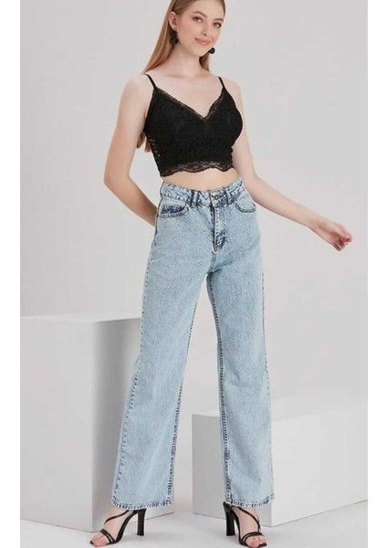 Alaska Yüksek Bel Bol Paça Denim Palazzo Kot Pantolon
