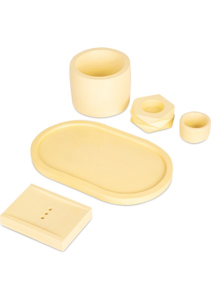 Daisy Sarı 5’li Beton Banyo Seti Büyük Tepsi Büyük Diş Fırçalık Saksı Mumluk Mini Çanak Sabunluk fiyatları
