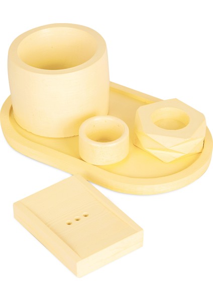 Daisy Sarı 5’li Beton Banyo Seti Büyük Tepsi Büyük Diş Fırçalık Saksı Mumluk Mini Çanak Sabunluk modelleri