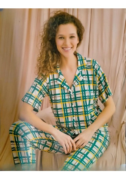 Kadın Viskon Boydan Düğmeli Kısa Kol Ince Pijama Takımı 7510/12 - 1 Adet