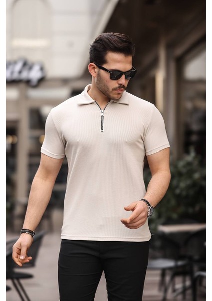 Erkek Basic Yarım Fermuarlı Slim Fit Düz Polo Yaka Tişört