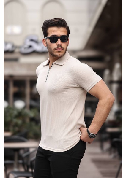 Erkek Basic Yarım Fermuarlı Slim Fit Düz Polo Yaka Tişört