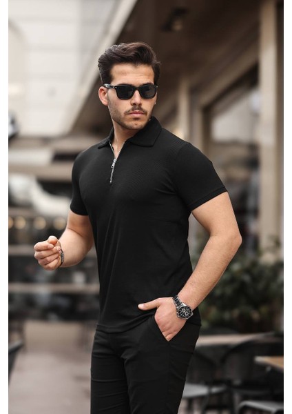 Dayn Gante Erkek Basic Yarım Fermuarlı Slim Fit Düz Polo Yaka Tişört