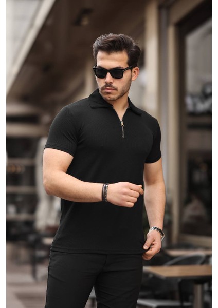 Dayn Gante Erkek Basic Yarım Fermuarlı Slim Fit Düz Polo Yaka Tişört