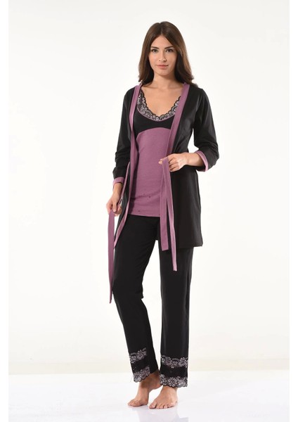 Derya Kurşun Dantel Detaylı Gecelik Sabahlık Takım 1043