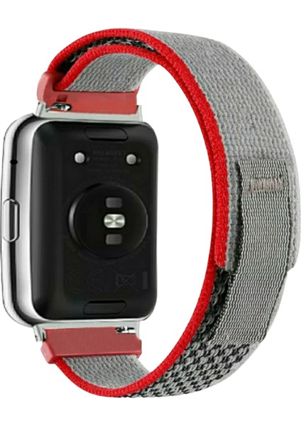 Huawei Watch Fit Uyumlu Trail Loop Cırtlı Bant Kordon Pim Çevirici Aparatlı Akıllı Pimli Gri Kırmızı