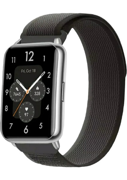 Huawei Watch Fit Uyumlu Trail Loop Cırtlı Bant Kordon Pim Çevirici Aparatlı Akıllı Pimli Gri Siyah