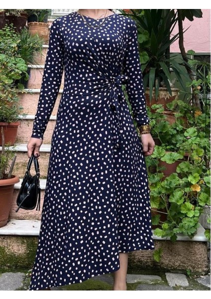 Asimetrik Kesim Penye Elbise Lacivert - 40