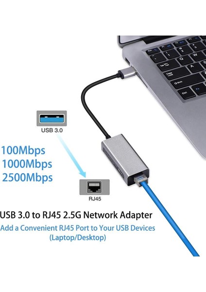 USB 3.2 To RJ45 2.5g 10/100/1000/ Gigabayte Ethernet Çevirici Dönüştürücü Alüminyum Kasa Adaptör