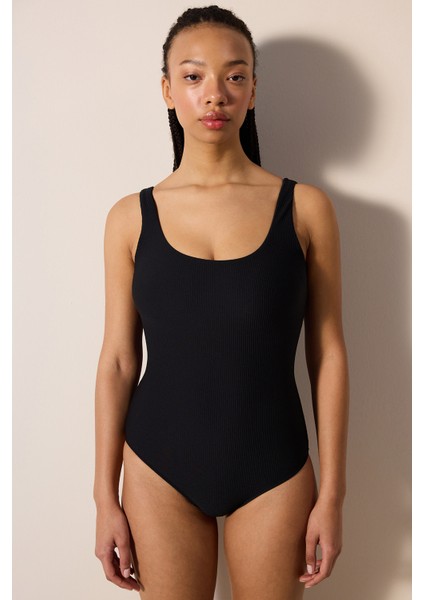 Mary Sport Dokulu Siyah Mayo