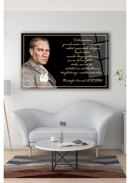 Atatürk ve Sözleri Yatay Cam Tablo, Modern Ev Ofis Salon Duvar Dekoru Hediyelik Büyük Tablo Dekor