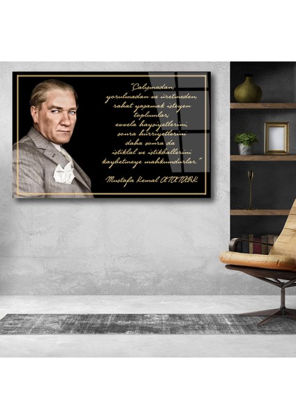 Atatürk ve Sözleri Yatay Cam Tablo, Modern Ev Ofis Salon Duvar Dekoru Hediyelik Büyük Tablo Dekor