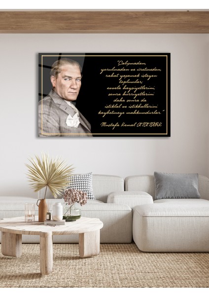 Atatürk ve Sözleri Yatay Cam Tablo, Modern Ev Ofis Salon Duvar Dekoru Hediyelik Büyük Tablo Dekor
