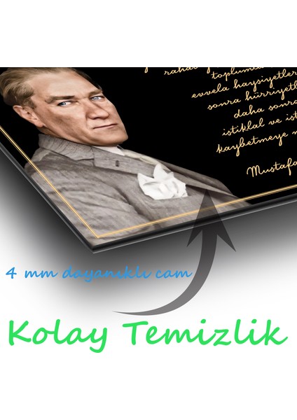 Atatürk ve Sözleri Yatay Cam Tablo, Modern Ev Ofis Salon Duvar Dekoru Hediyelik Büyük Tablo Dekor