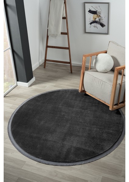 Puffy Antrasit Yuvarlak Düz Saçaklı Peluş Yumuşacık Yıkanabilir Kaymaz Taban Halı Salon Oturma Odası