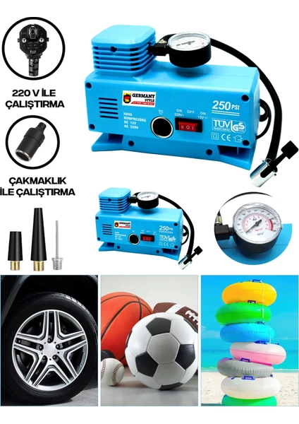 Germany Style Sega 220 Volt-12 Volt 250 Psi Psi Kompresör Lastik Hava Şişirme Oto Pompası