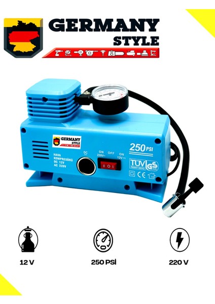 Germany Style Sega 220 Volt-12 Volt 250 Psi Psi Kompresör Lastik Hava Şişirme Oto Pompası