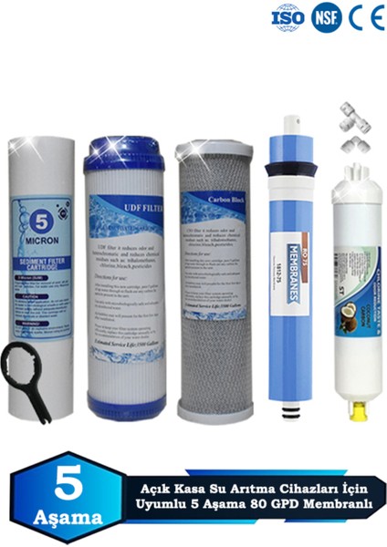 Açık Kasa Su Arıtma Cihazı Uyumlu 5 Aşama Cift Karbonlu 80 Gpd Süper Membranlı Filtre Bakım Seti
