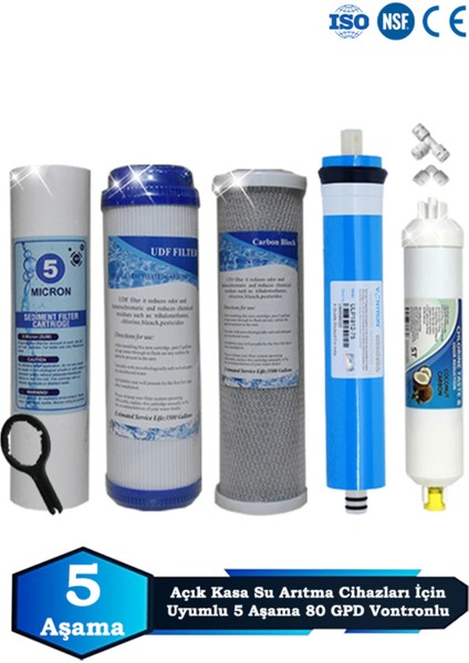 Açık Kasa Su Arıtma Cihazı Uyumlu 5 Aşama Cift Karbonlu 80 Gpd Vontron Membranlı Filtre Bakım Seti