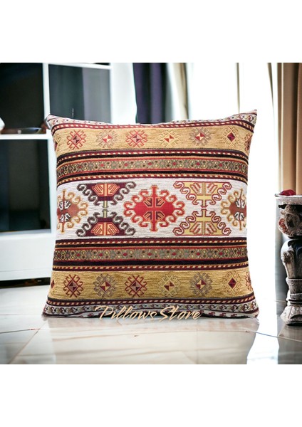 Kilim Desenli Beyaz-Safran Kırlent Kılıfı 45 cm *45 cm