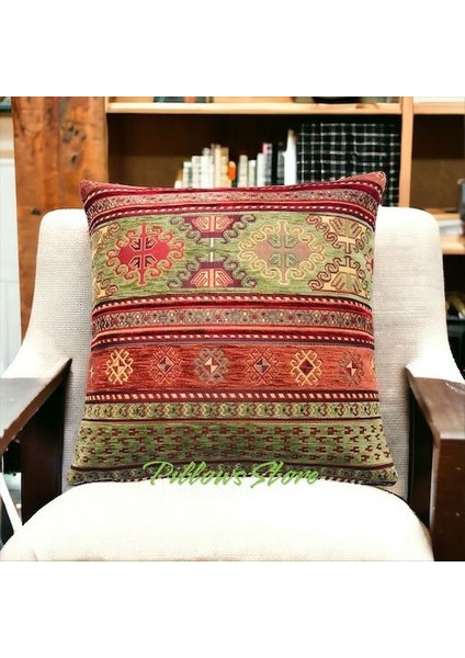 Kilim Desenli Açık Yeşil-Kiremit Kırlent Kılıfı 45 cm *45 cm
