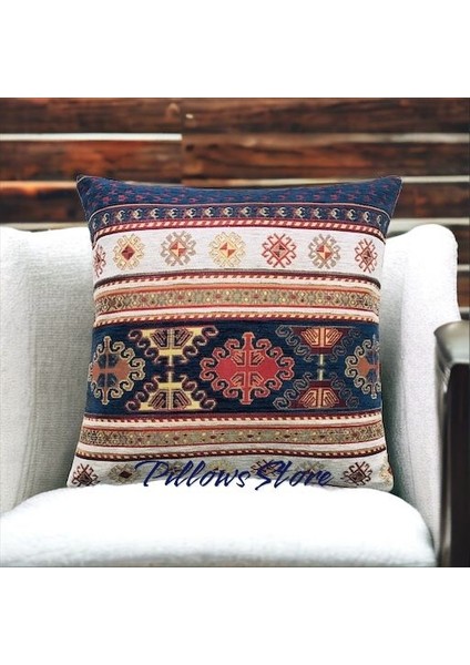 Kilim Desenli Lacivert-Beyaz Kırlent Kılıfı 45 cm *45 cm