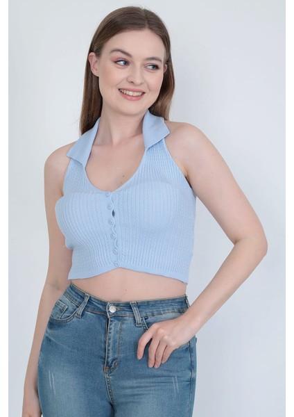 Yakalı Düğmeli Triko Crop modelleri