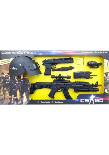Sesli ve Işıklı Csgo Pilli Silah Seti Tüfek Tabanca Bıçak El Bombası Telsiz Kask