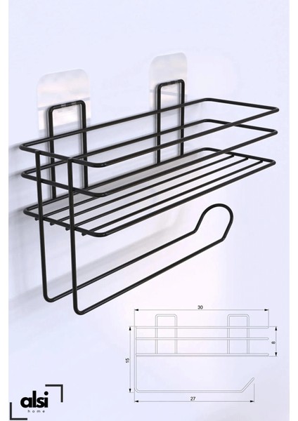Alsi Home Yapışkanlı Mutfak Rafı Baharatlık 3lü Metal Kağıt Havluluk Siyah Standlı Şık Mutfak Raf Seti