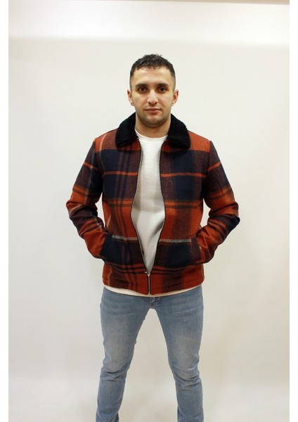 Caz 1001 Kareli Yakası Kürklü Ekose Kalın Erkek Mont