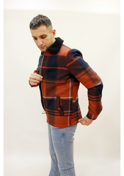 Caz 1001 Kareli Yakası Kürklü Ekose Kalın Erkek Mont modelleri