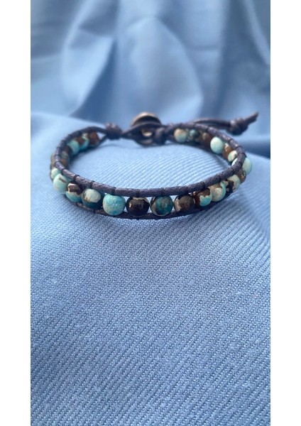 Doğal Taş Mavi Akik Taşı Düğme Detay Tasarım Bileklik