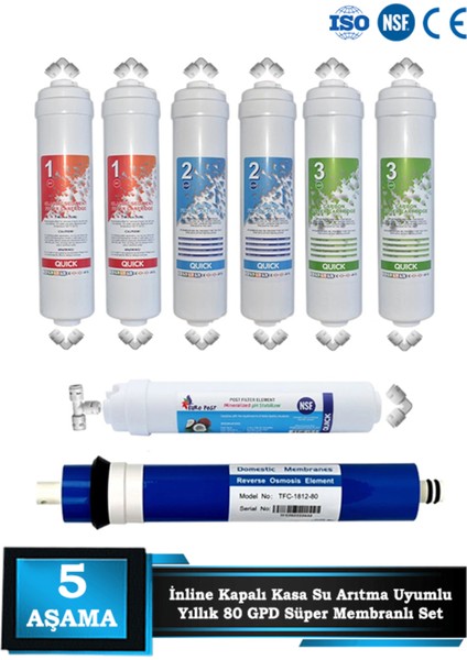 Inline Kapalı Kasa Su Arıtma Cihazı 80 Gpd Süper Membranlı 5 Aşama Yıllık Filtre Seti