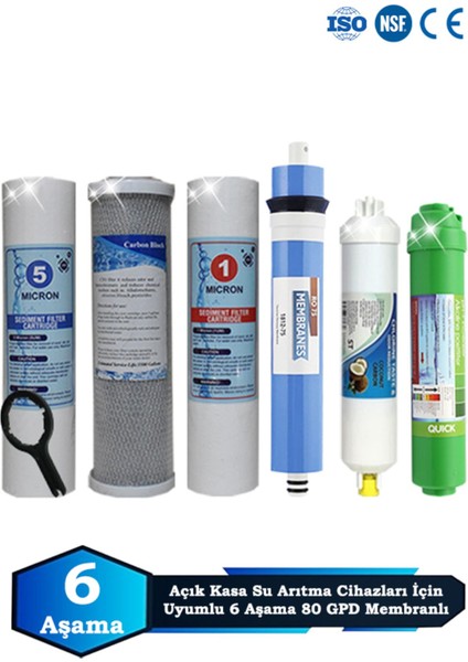 Açık Kasa Su Arıtma Cihazı Uyumlu 6 Aşama Cift Sediment 80 Gpd Membranlı Alkalinli Filtre Bakım Seti