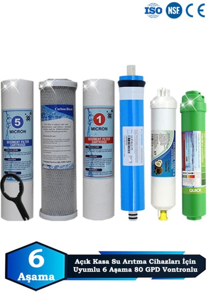 Açık Kasa Su Arıtma Cihazı Uyumlu 6 Aşama Cift Sediment 80 Gpd Vontron Alkalinli Filtre Bakım Seti