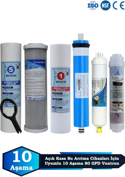Açık Kasa Su Arıtma Cihazı Uyumlu 10 Aşama Cift Sediment 80 Gpd Vontron Mineralli Filtre Bakım Seti