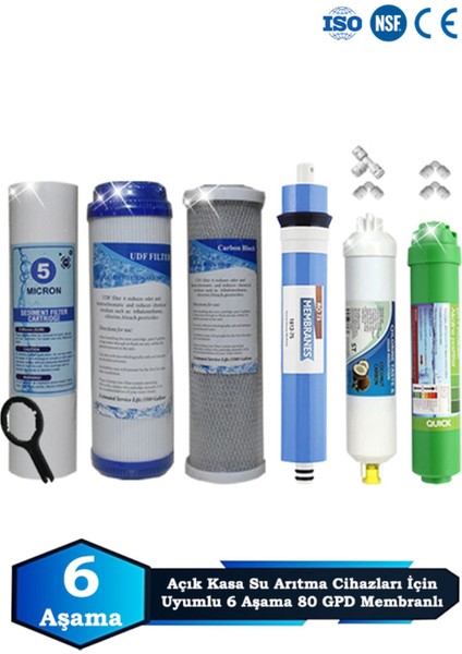 Açık Kasa Su Arıtma Cihazı Uyumlu 6 Aşama Cift Karbonlu 80 Gpd Membranlı Alkalinli Filtre Bakım Seti
