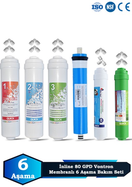 Inline Kapalı Kasa Su Arıtma Cihazı Uyumlu 6 Aşama 80 Gpd Vontron Membranlı Alkalinli Bakım Seti