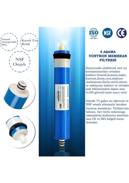 Inline Kapalı Kasa Su Arıtma Cihazı Uyumlu 6 Aşama 80 Gpd Vontron Membranlı Alkalinli Bakım Seti