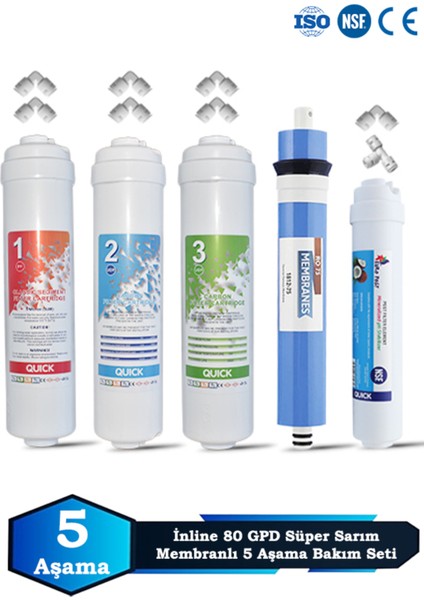 Inline Kapalı Kasa Su Arıtma Cihazı Uyumlu 5 Aşama 80 Gpd Süper Membranlı Filtre Bakım Seti