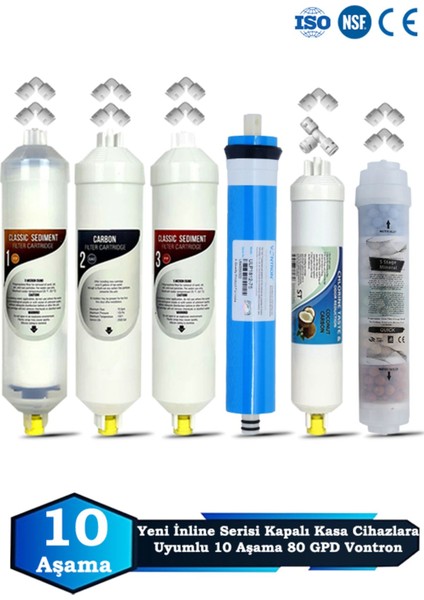 Yeni Seri Inline Kapalı Kasa Su Arıtma Cihazı Uyumlu 10 Aşama 80 Gpd Vontron Membranlı Mineralli Set